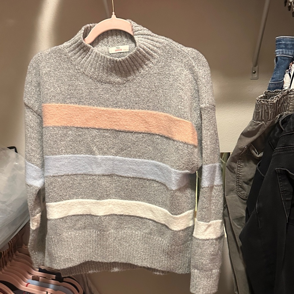 Hummingbird Gray Sweater with Pastel Stripes